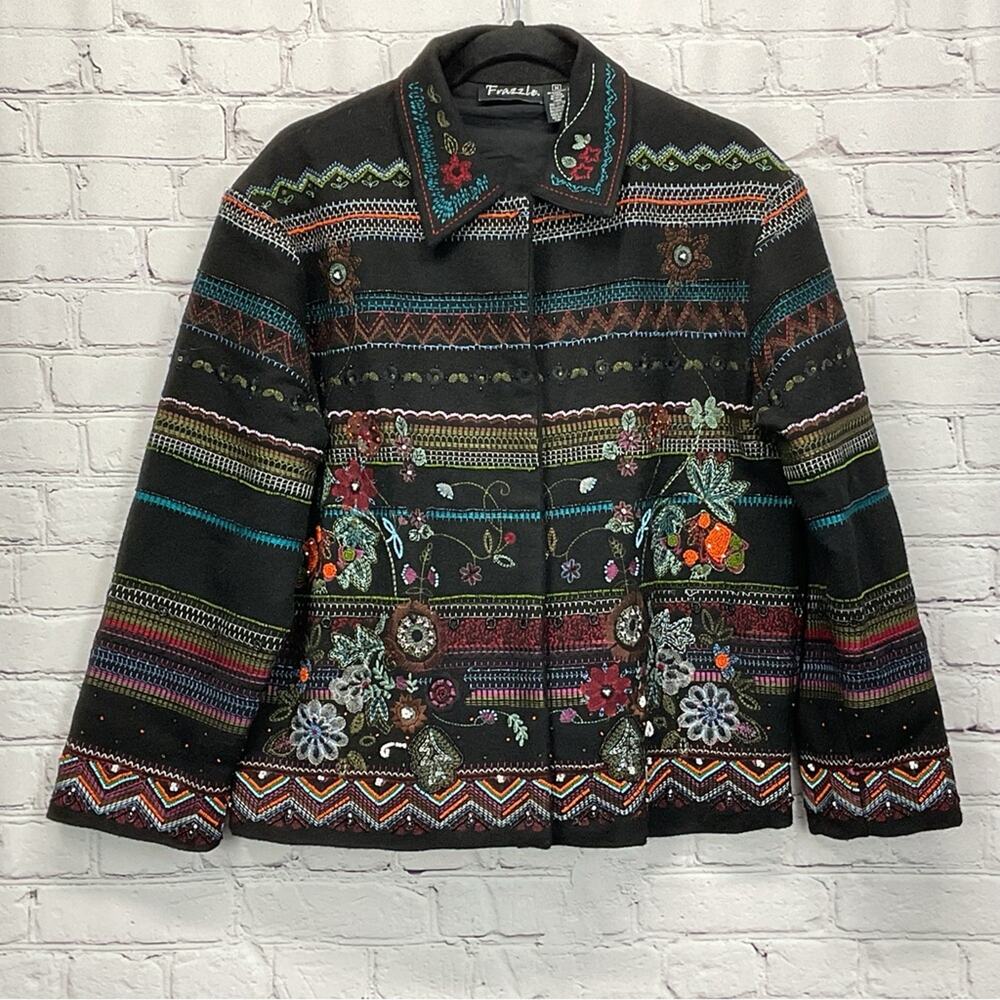 Frazzle Wool Blend Jacket Women's Size M Black Embroidered Beaded Snap Closure